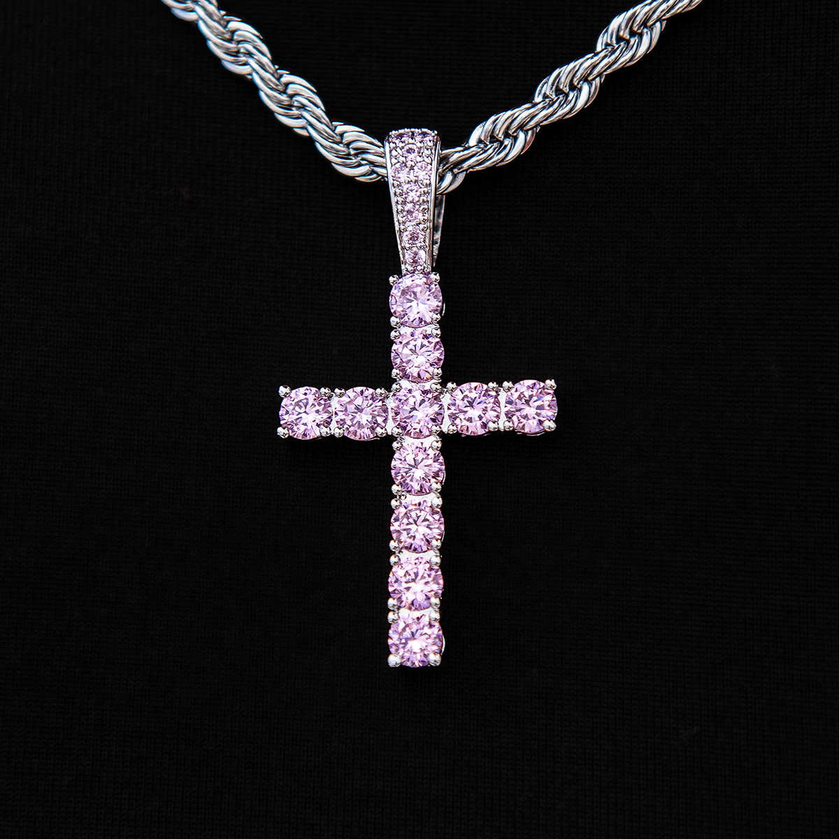 Pink Stone Diamond Cross Pendant in White Gold