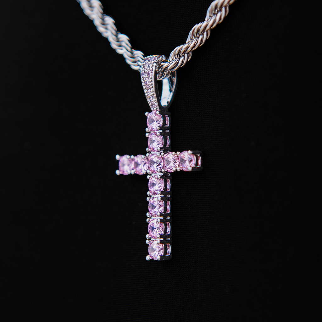 Pink Stone Diamond Cross Pendant in White Gold